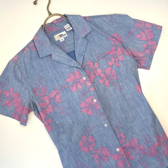 Reyn Spooner Blouse Batik Vaitape Short Sleeve Button Down Fadeddenim Ladies SM - Picture 1 of 5